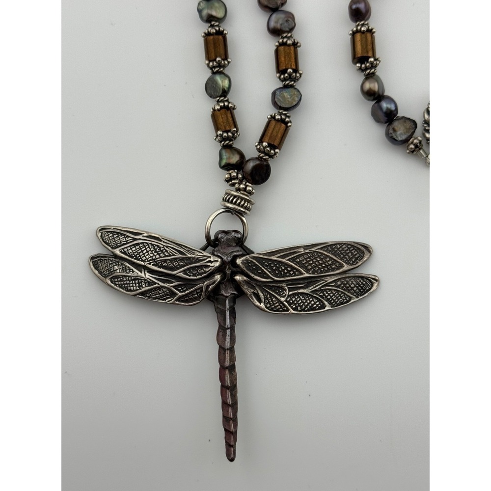 Vintage 1999 Robert Bob Burkett Signed Dragonfly Pendant Beaded Pearl Necklace